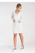 robe pull courte jersey viscose élasthanne gris chiné manches longues encolure V ceinture nouée coupe ajustée près corps douce extensible
