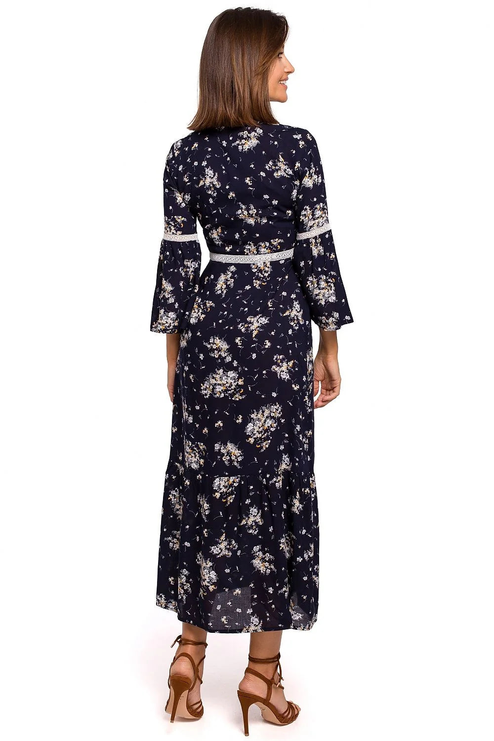 Robe bohème romantique manches longues dentelle fleurs bleu marine femme taille ajustable polyester viscose
