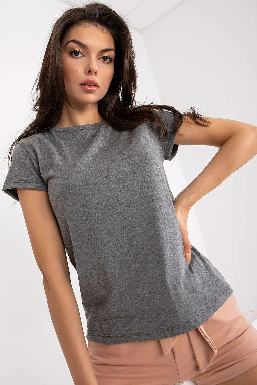 tshirt femme manches courtes encolure ronde coton élasthanne gris chiné coupe droite ajustée longueur hanches jersey doux minimaliste