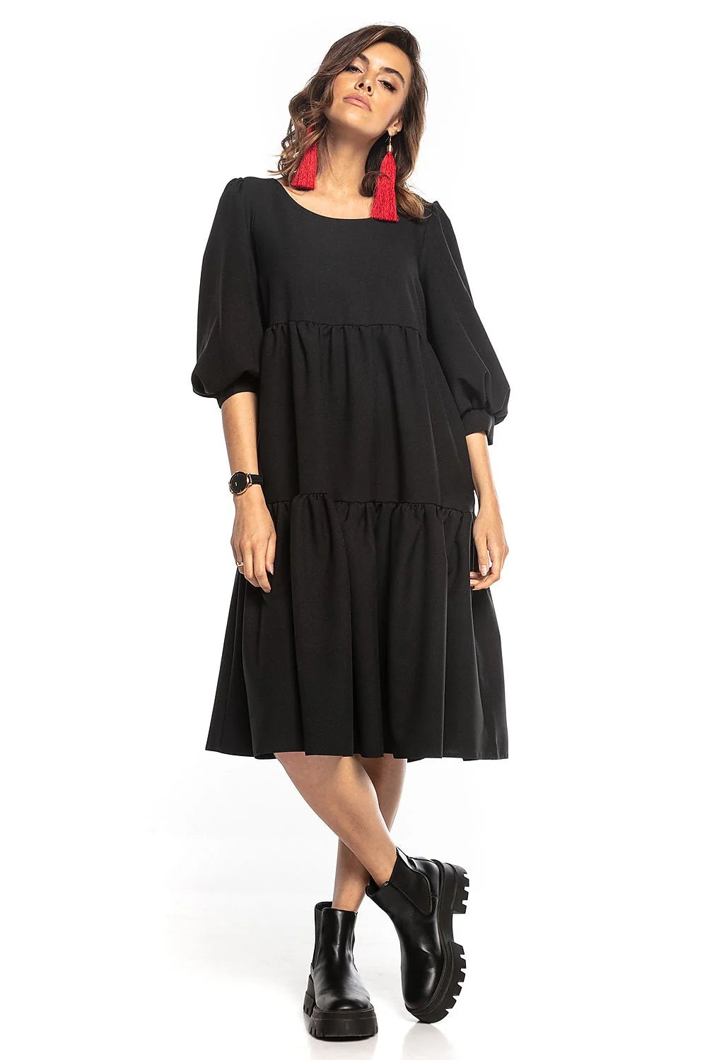 Robe élégante en polyester bleu canard manches bouffantes pour style chic et décontracté femmes