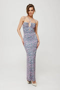 robe longue ajustée moulante Makover floral violet pastel lilas rose bleu bretelles spaghetti croisées encolure cœur ajourée tissu extensible légère