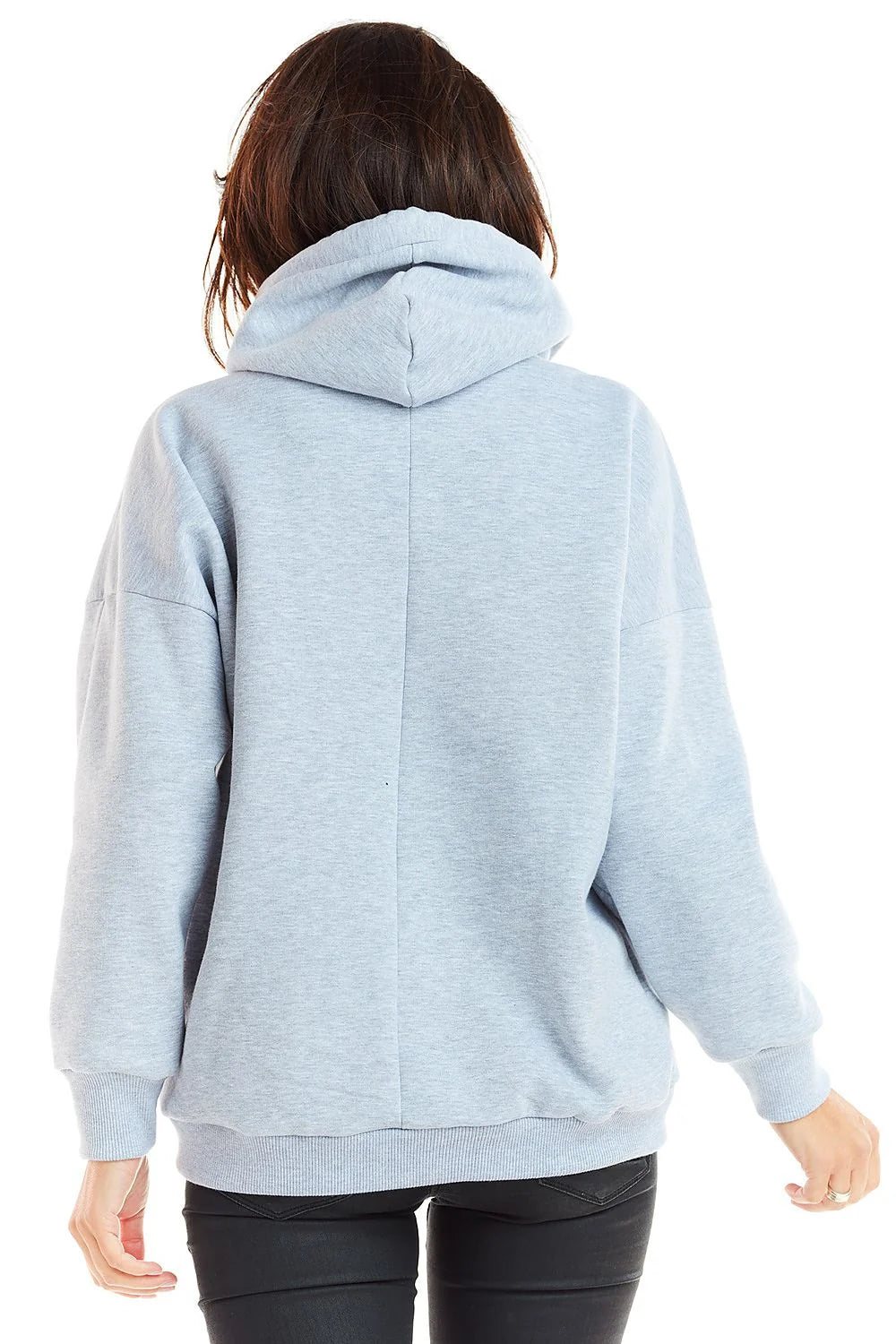sweatshirt femme oversize molleton bleu ciel chiné coupe ample capuche cordon tressé poche kangourou poignets côtelés