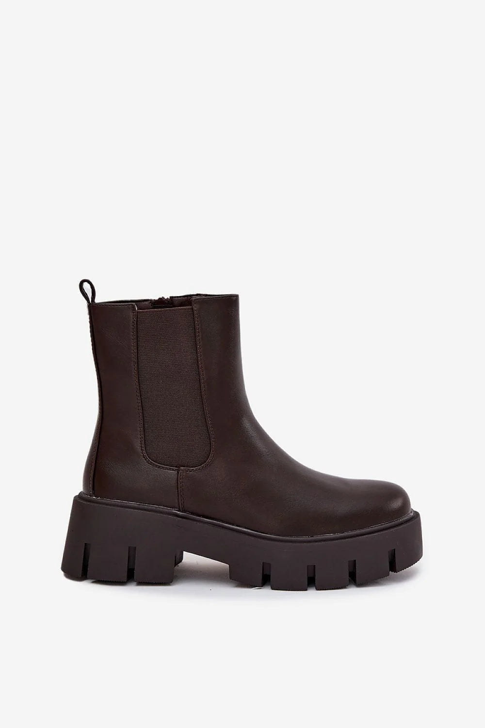 bottines Chelsea femme marron foncé cuir écologique empiècements élastiques latéraux fermeture éclair intérieure semelle crantée épaisse talon bloc doublure chaude