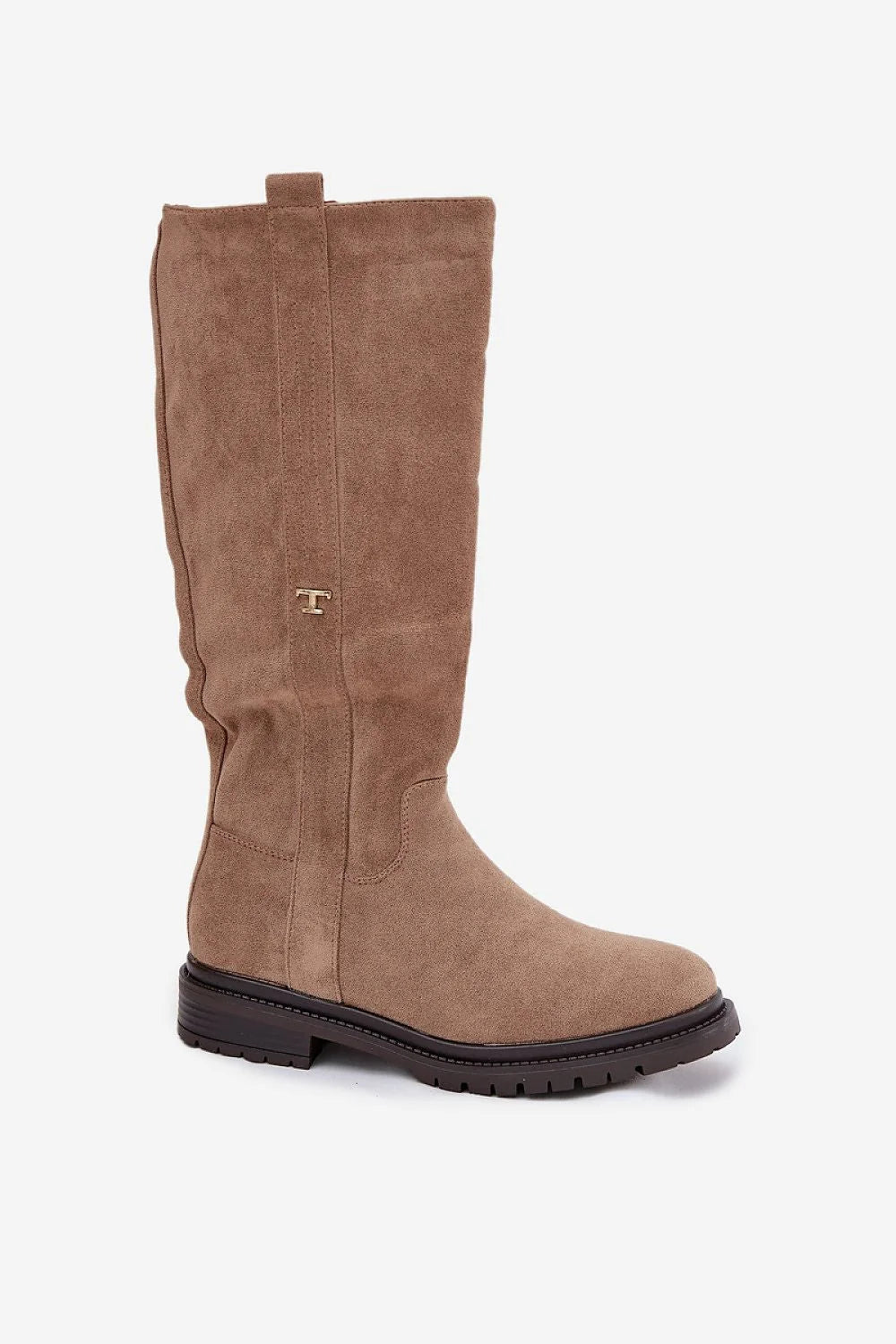 bottes cuissardes femme suédé taupe tige 37cm talon 3cm semelle crantée épaisse plat bout rond épuré logo doré