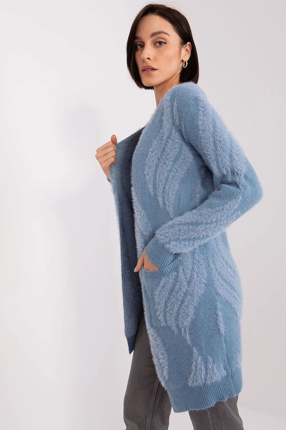 Cardigan femme en laine douce ouvert sans boutons longues manches motif subtil bleu doux coupe longue polyvalent