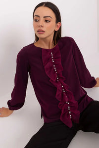 chemisier femme manches longues satinée bordeaux violine fluide coupe droite légèrement ample volants asymétriques plissés rangée perles nacrées poignets froncés