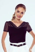 Chemisier féminin élégant en dentelle et tulle noire manches courtes dos transparent V-neck occasionnels