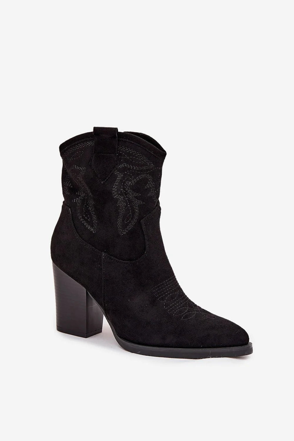 bottines femme cowgirl suédine écologique noir bout pointu talon pilier stable broderie tonale fermeture éclair latérale semelle antidérapante