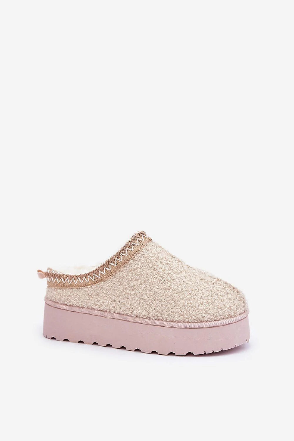 Bottes de neige modernes pour femmes en fourrure de mouton tige en bouclé beige semelle rose pâle confort thermique hiver