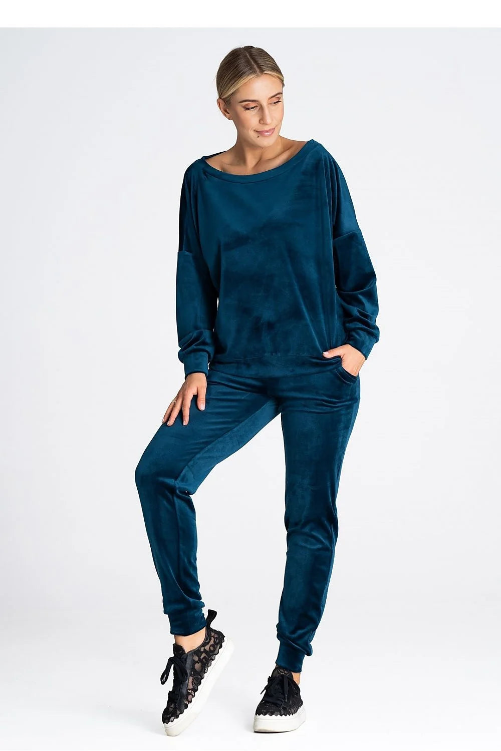 Ensemble décontracté femme velours bleu pétrole pull ample pantalon jogging poches ceinture élastiquée