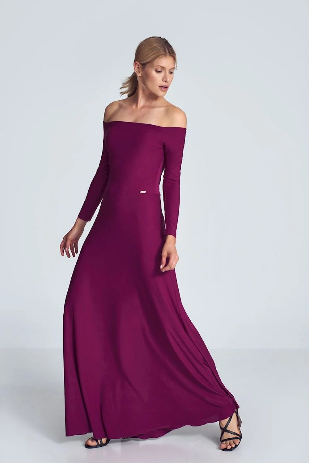 Robe longue polyester élégante magenta épaules dénudées manches longues soirée femme style sophistiqué