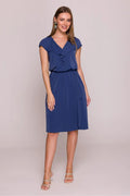 Robe de cocktail élégante moderne bleu marine A-line taille ajustable V-neck volant manches courtes polyester semi-formelle femme