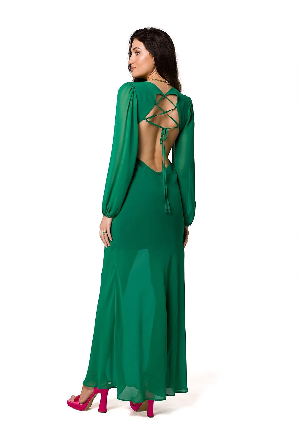 Robe de soirée élégante longue couleur verte manches longues en mousseline dos ouvert armature taille ajustable femme