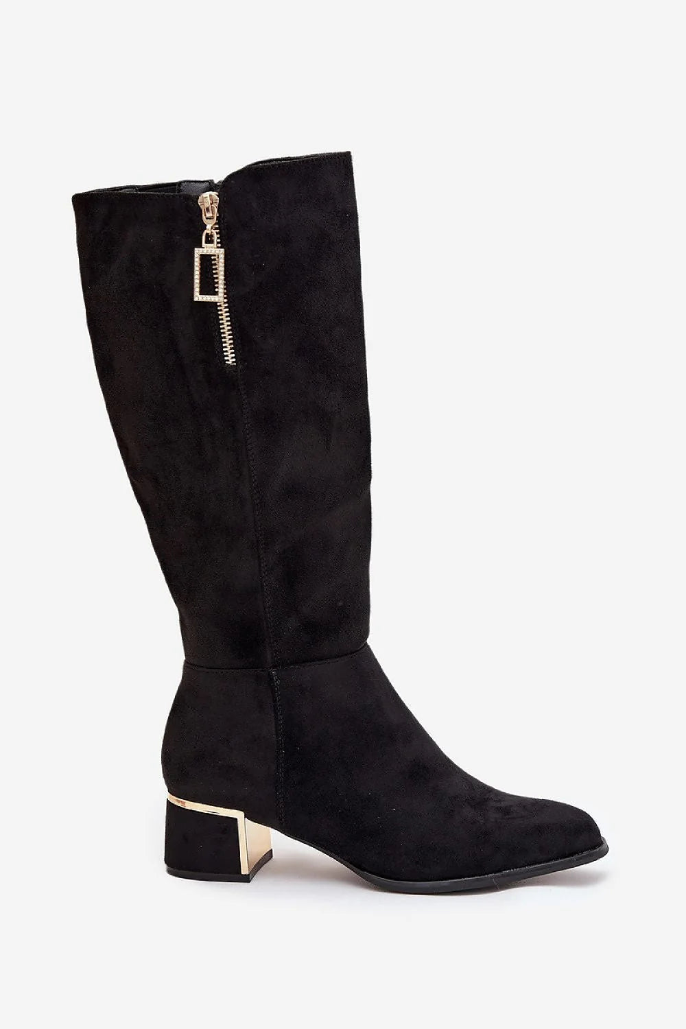 bottes hautes femme suédine noire tige froncée bout pointu talon carré moyen insert métallique doré zip latéral décoratif coutures élégantes