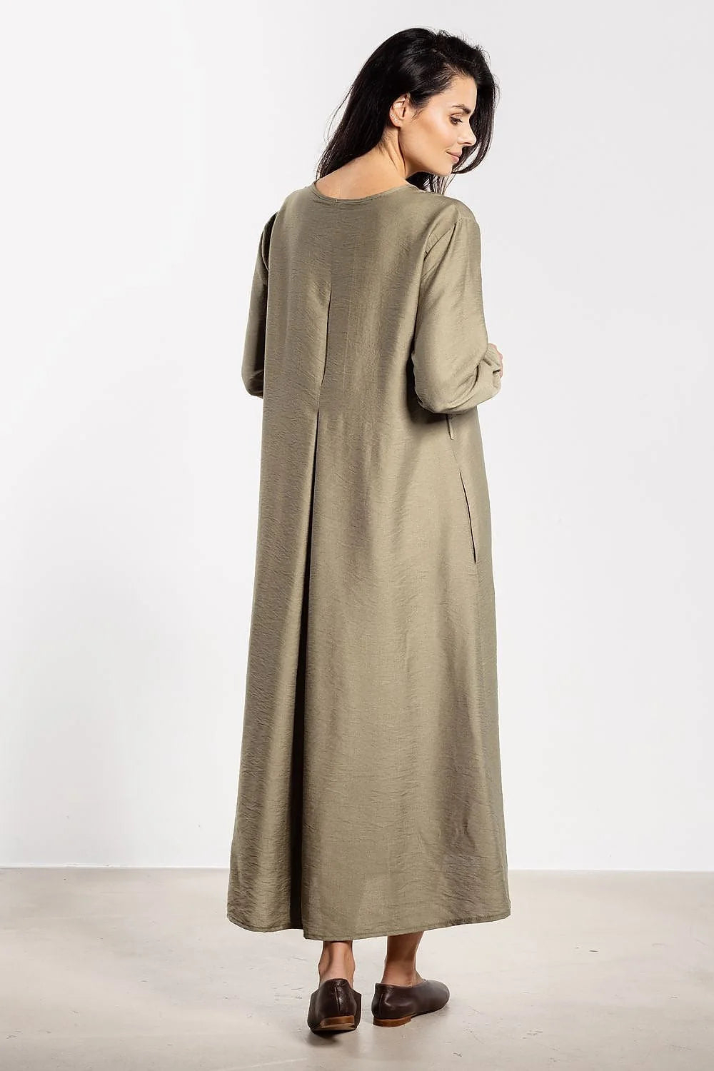 robe maxi femme manches longues coupe droite ample évasée kaki texturé aspect lin patte boutonnage boutons ceinture ton poignets boutonnés
