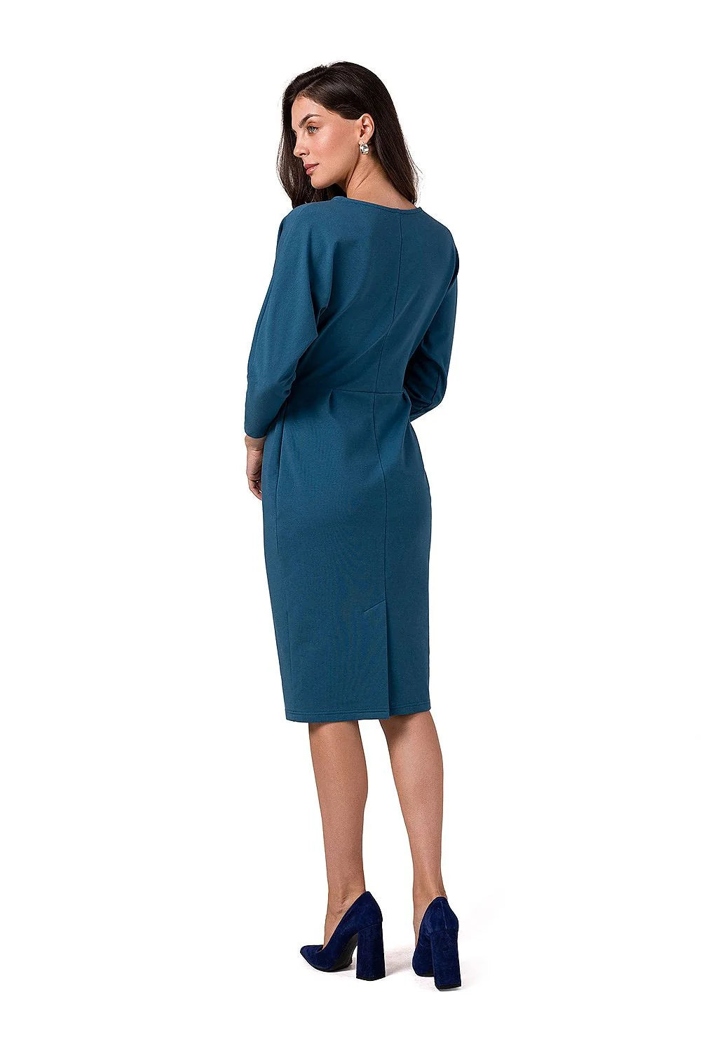 Robe de jour Be Wear élégante en jersey couleur bleu pétrole manches longues encolure V croisée coupe ajustée à la taille longueur genoux femmes