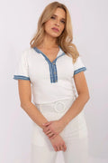 Haut ajusté pour femme style décontracté coton élasthanne décolleté V manches courtes tissu denim boutons décoratifs polyvalent