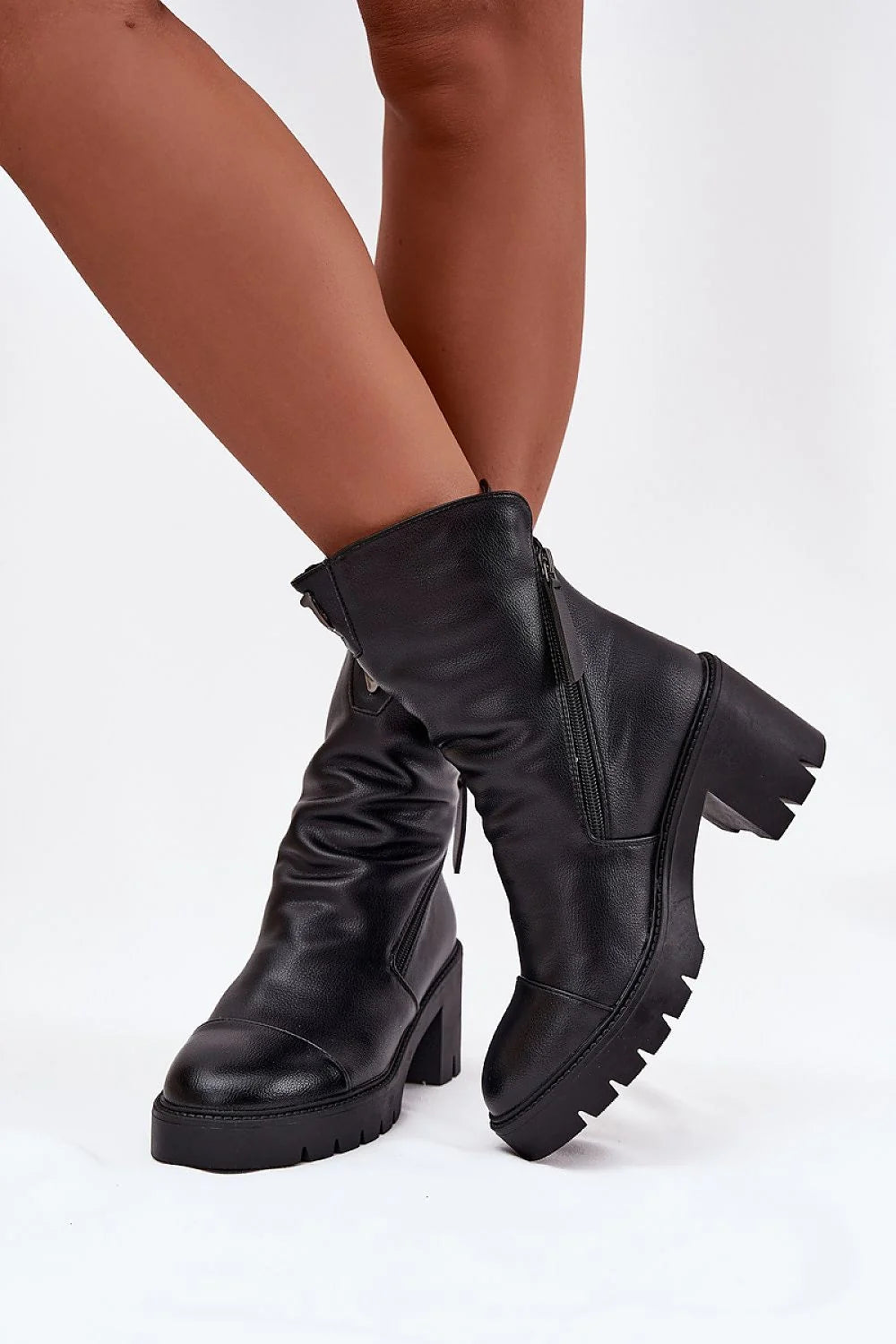 bottines femme Vinceza talon bloc massif cuir grainé noir semelle crantée plateforme antidérapante bout rond tige froncée double fermeture éclair