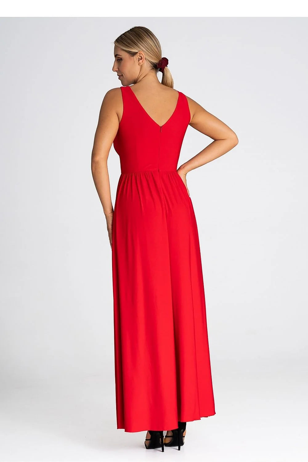 Robe longue élégante pour femme sans manches en V profond rouge vif fente latérale matière fluide taille ajustable