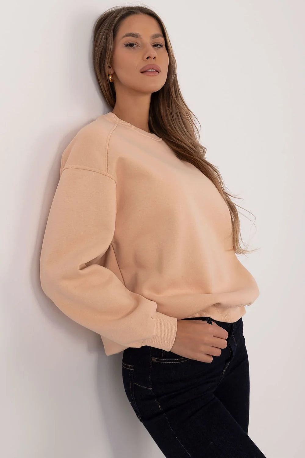 Sweatshirt pour femme en coton-polyester beige manches longues col rond style décontracté coupe ample occasion quotidienne