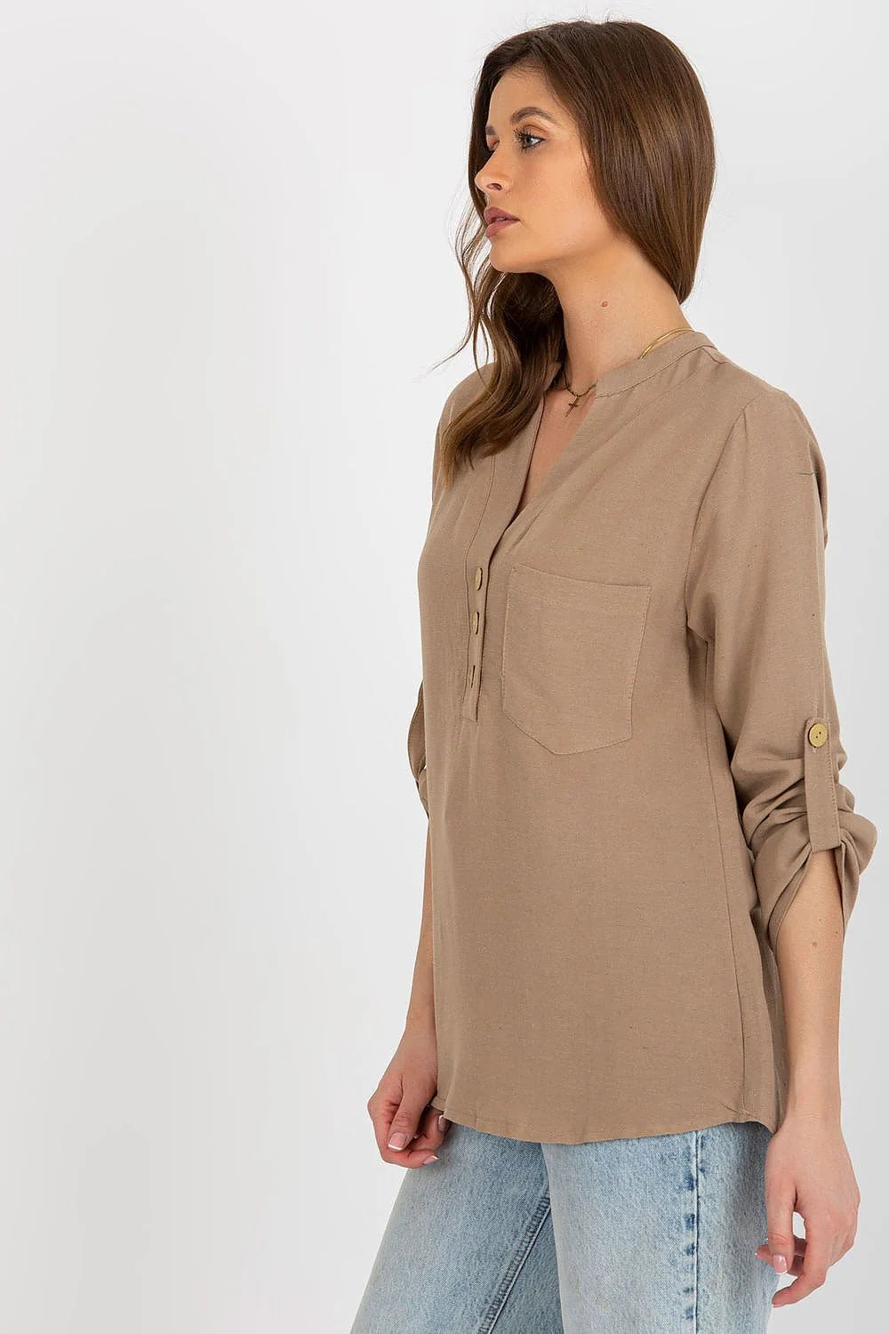 Chemisier Rue Paris à encolure ras du cou manches longues reversables beige coton len viscose femme