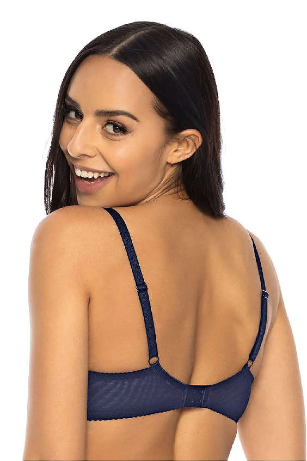 Soutien-gorge féminin élégant sensuel dentelle bleu marine bretelles ajustables pendentif argenté lingerie femme