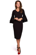robe cocktail noire midi fourreau ajustée silhouette cintrée manches cloche volants doubles col V tissu coton polyester éclair dissimulé
