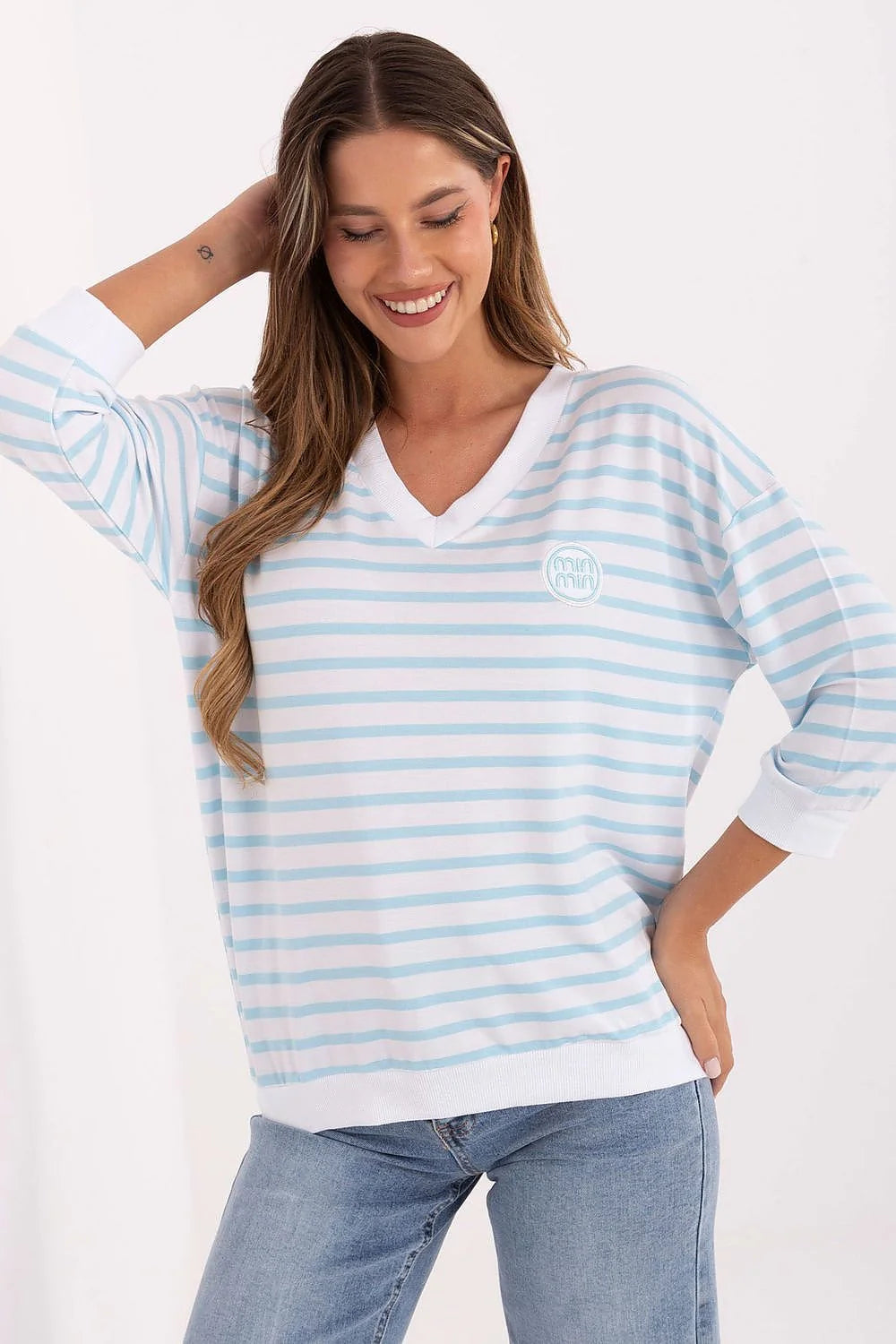 chemisier rayé femme marinière col V manches trois quarts oversize décontracté micro modal élasthanne maille légère broderie logo poitrine confort