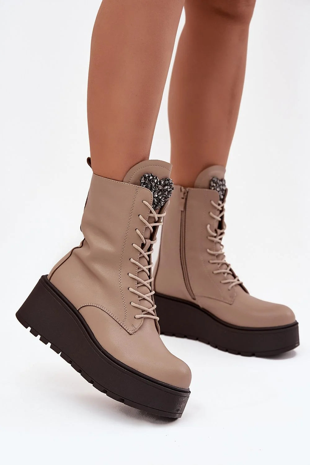 Jezzi bottines plateforme cuir naturel talon compensé confortable doublure chaude lacées fermeture éclair latérale cristaux coeur féminin silhouette allongeante polyvalentes