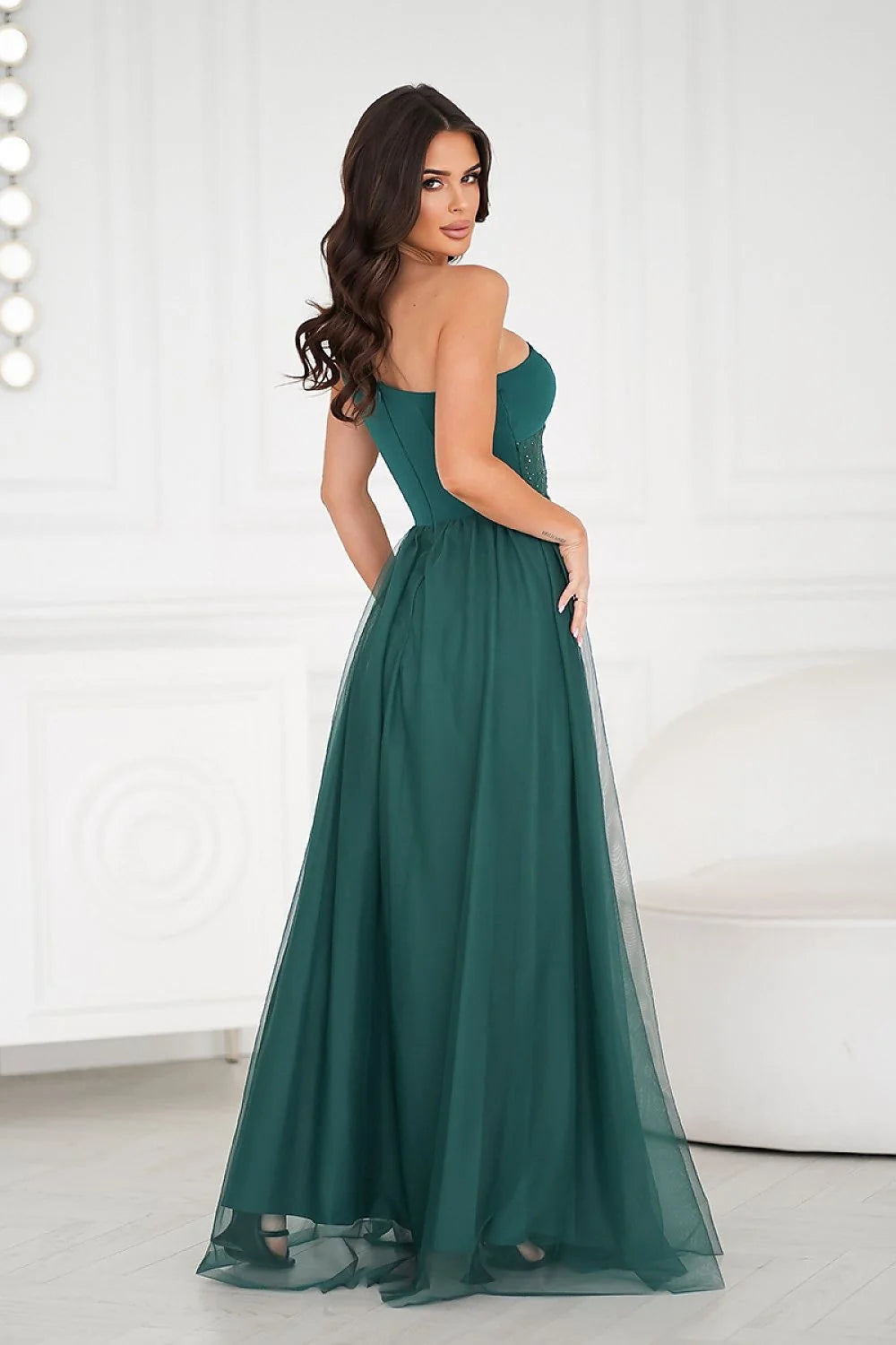 Robe longue élégante pour soirées one shoulder fente haute paillettes vert profond ajustée en mousseline femme