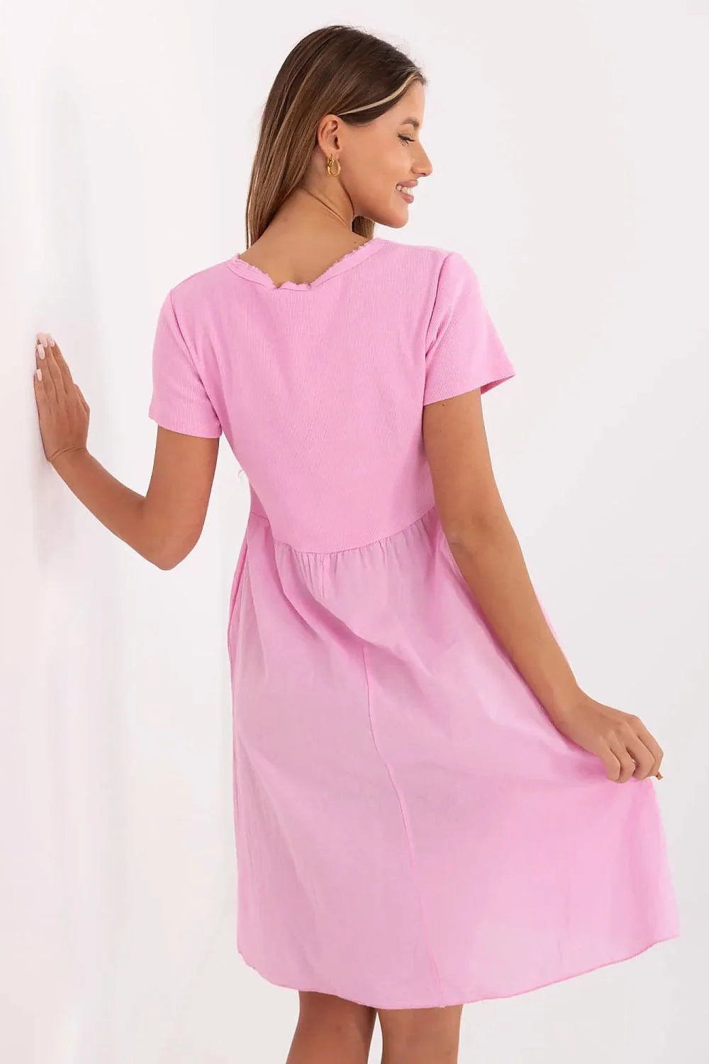Robe d'été féminine évasée confortable Italy Moda coton élasthanne manches courtes col V rose pastel