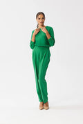 Ensemble féminin sophistiqué vert vibrant manches longues fermeture éclair haut ajusté pantalon ample occasion spéciale