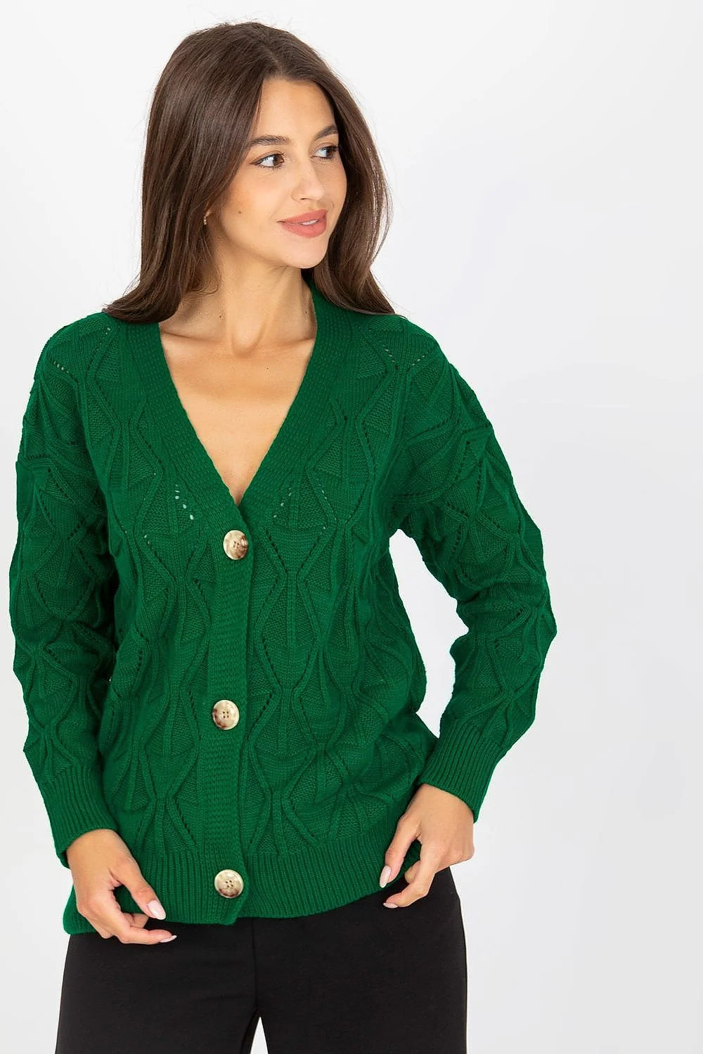 Cardigan Rue Paris rose vif motif maille ajouré manches longues encolure en V boutons beige
