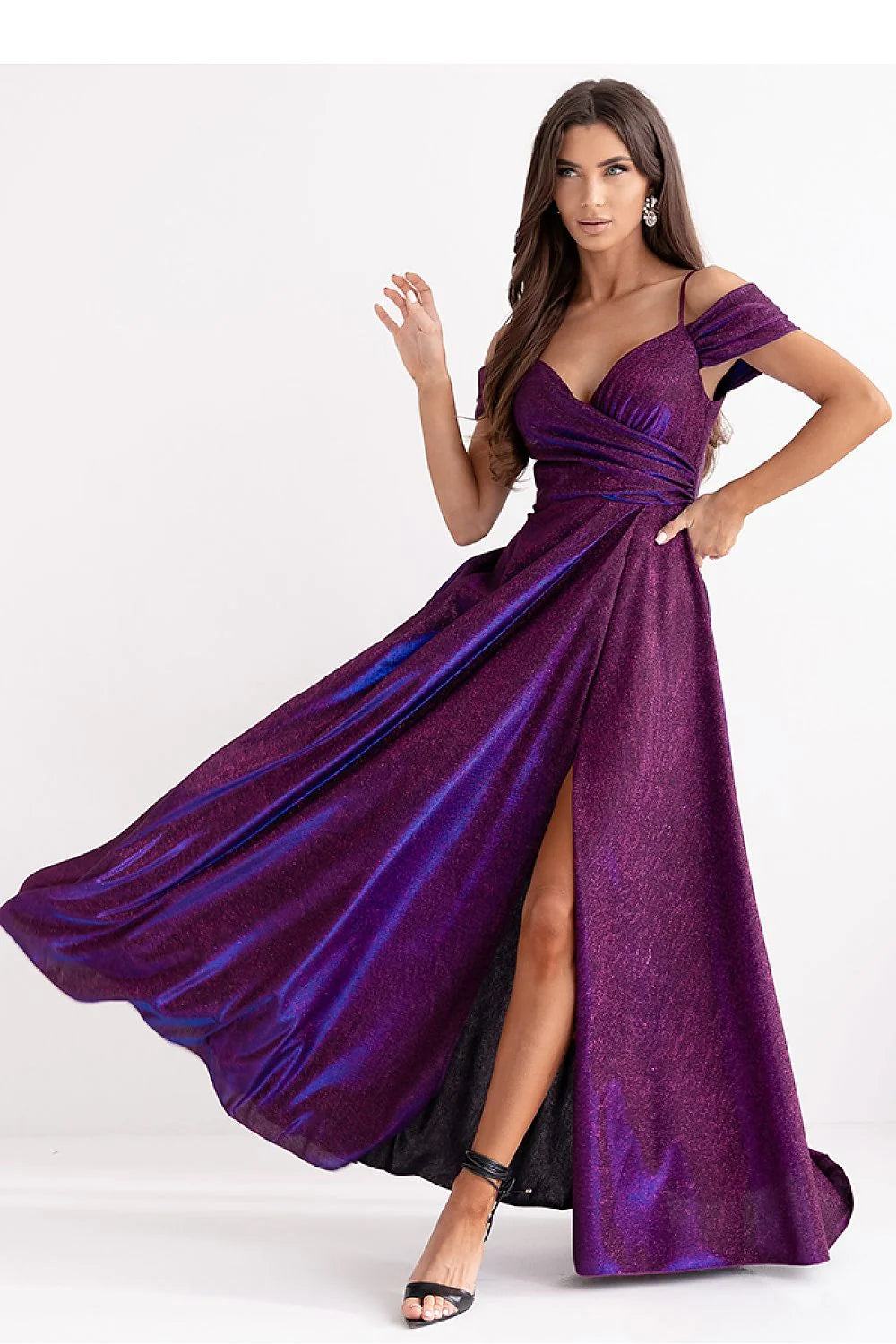 Robe longue élégante en V manches courtes fente haute tissu scintillant couleur violet nuit soirée femmes