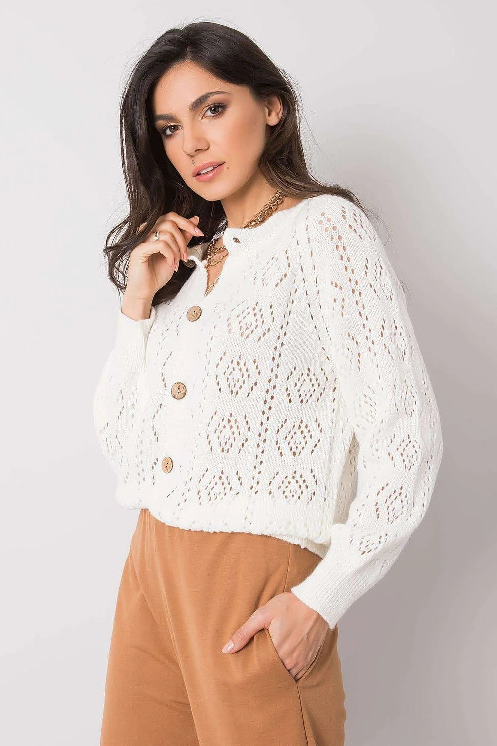 Cardigan femme en tricot ajouré blanc élégant décontracté manches longues mi-saison doux confortable