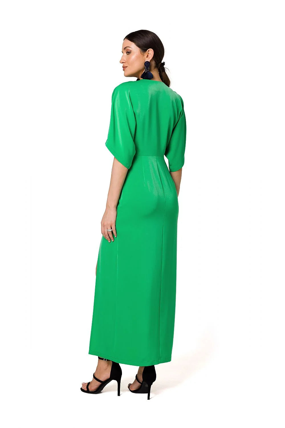 Robe de soirée élégante longue manches kimono décolleté V vert vif non doublée fermeture éclair femme