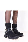 bottines femme suédé noir biker mihaute bout rond semelle plateforme crantée épaisse doublure fourrure boucles métalliques réglables zippée