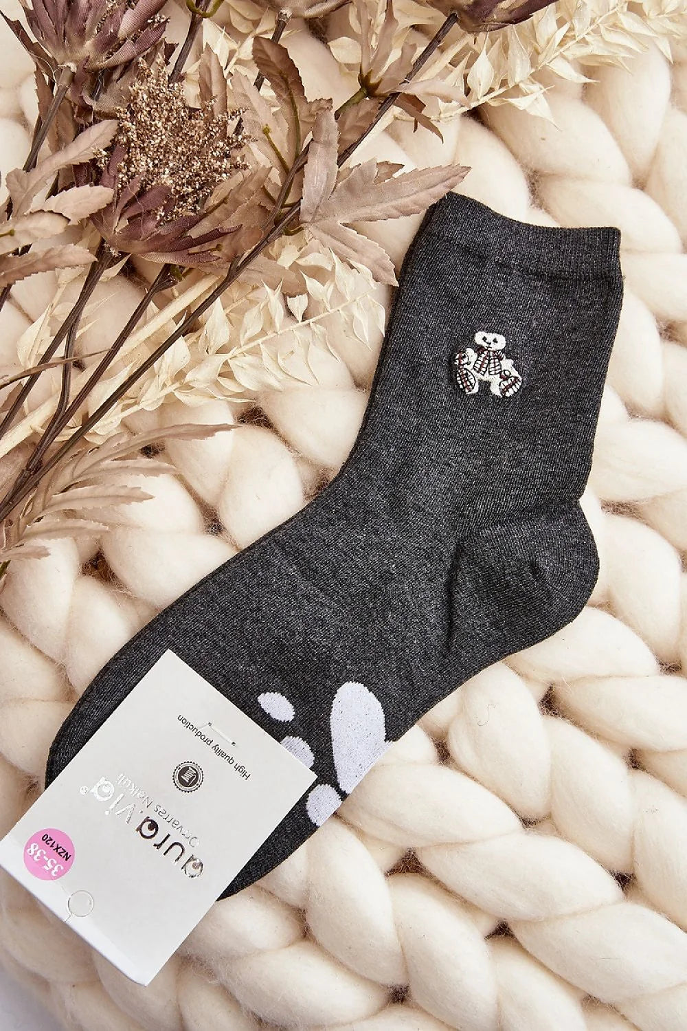 Chaussettes Auravia pour femmes style quotidien couleur gris foncé broderie caniche coton 85% elasthanne 5% polyamide 10% cadeau Noël cosy