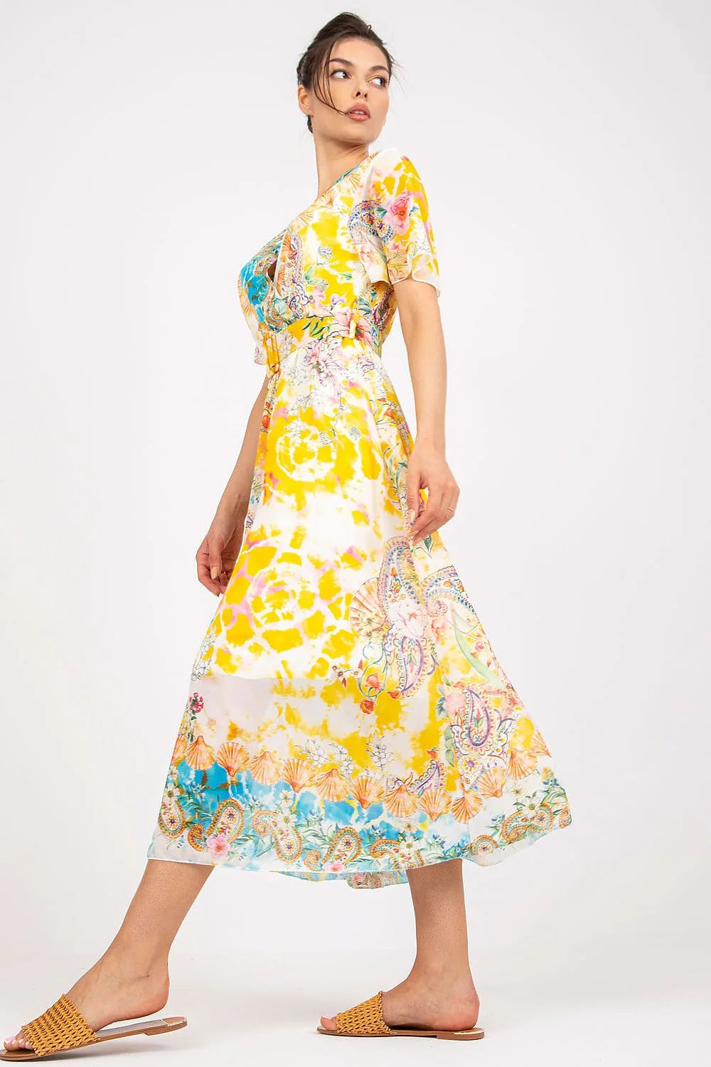 Robe estivale longue imprimé multicolore style décontracté viscose puffed sleeves ceinture large occasions diverses femmes
