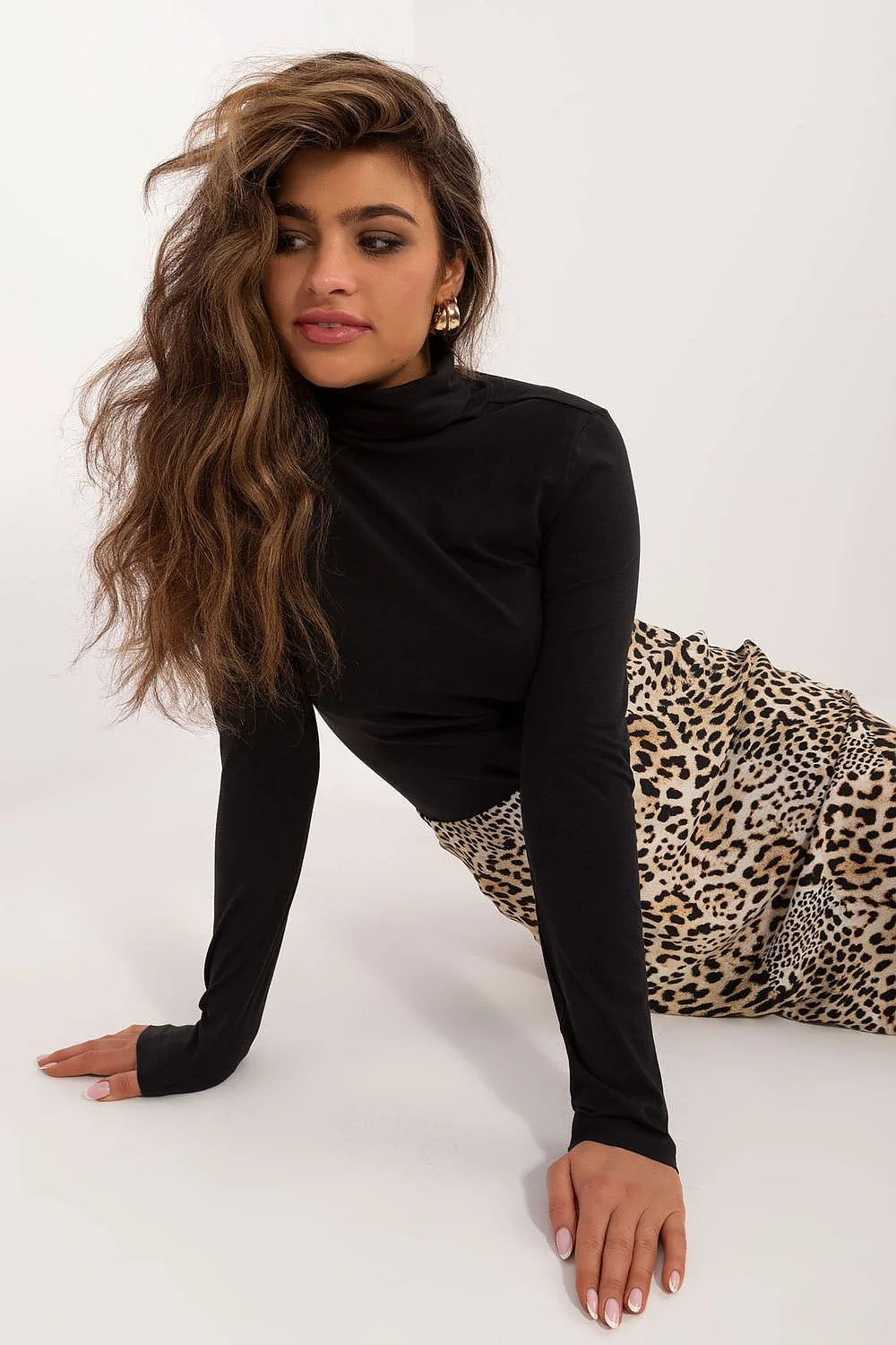 Chemisier Sublevel col roulé coton élasthanne jupe motif léopard taille haute ensemble mode femme