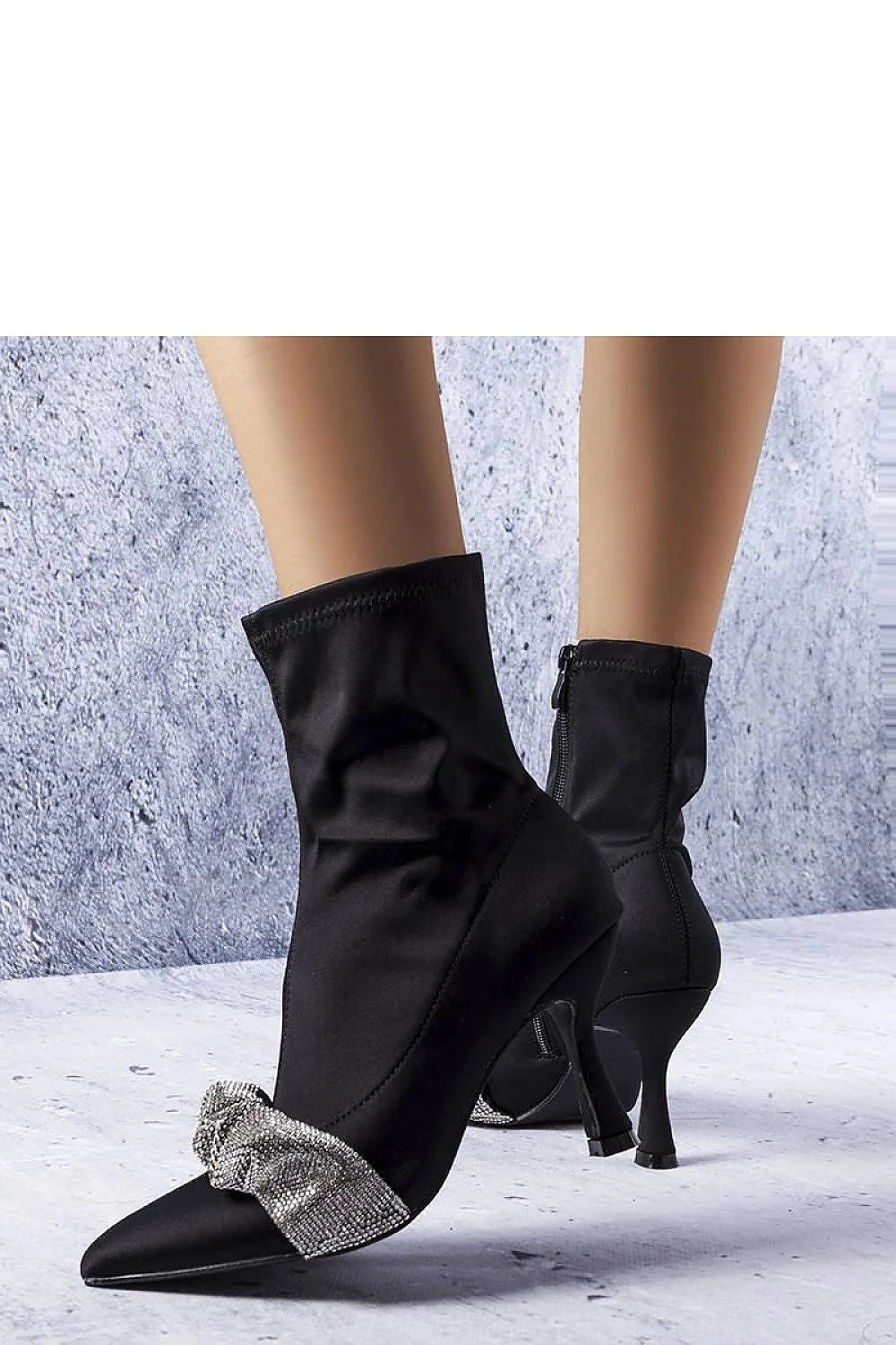 Bottes élégantes talons aiguilles noir nœud cristaux tissu lisse femme pointu vintage occasions spéciales