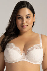 soutiengorge balconnet armatures dentelle florale rose poudré ivoire satin bonnets profonds rembourrés mousse bretelles larges réglables noeud maintien sculptant mariage