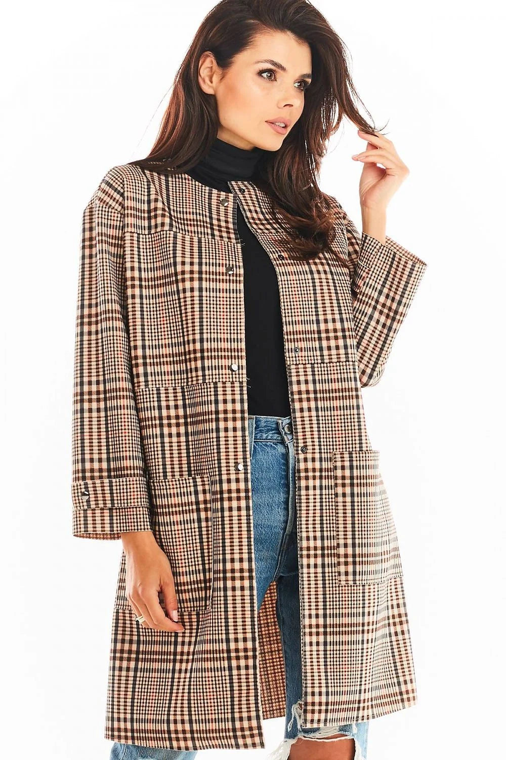 Manteau femme laine chic carreaux noirs blancs marron élégant automne hiver col rond tendance