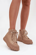 bottines femme similicuir beige montantes chunky plateforme crantée semelle antidérapante col rembourré lacées œillets métalliques dorés fermeture éclair doublure douce