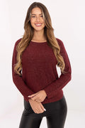 pull femme bordeaux pailletée col rond manches longues maille fine extensible douce fil métallisé coupe droite ajustée confort élégante festive