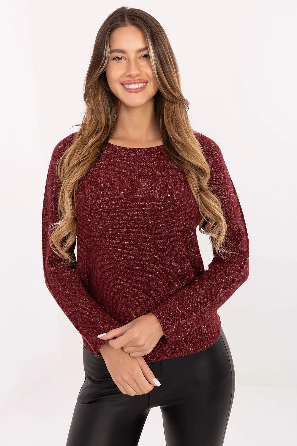 pull femme bordeaux pailletée col rond manches longues maille fine extensible douce fil métallisé coupe droite ajustée confort élégante festive