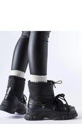 Bottes de neige pour femmes design moderne montantes doublées cuir synthétique nylon semelle caoutchouc noir métal argenté lacets double