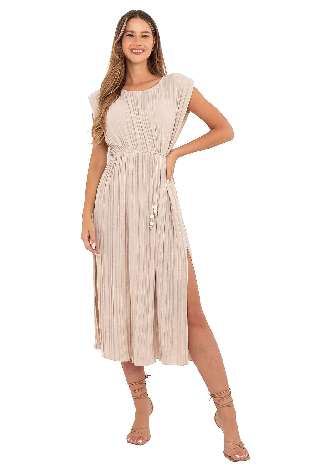 Robe d'été élégante sans manches plissée beigeperlée ceinture bijoux femmes occasion formelle ou décontractée