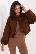 veste bomber courte zippée cropped oversize marron chocolat manches bouffantes col rond matière épaisse structurée ourlet poignets élastiqués