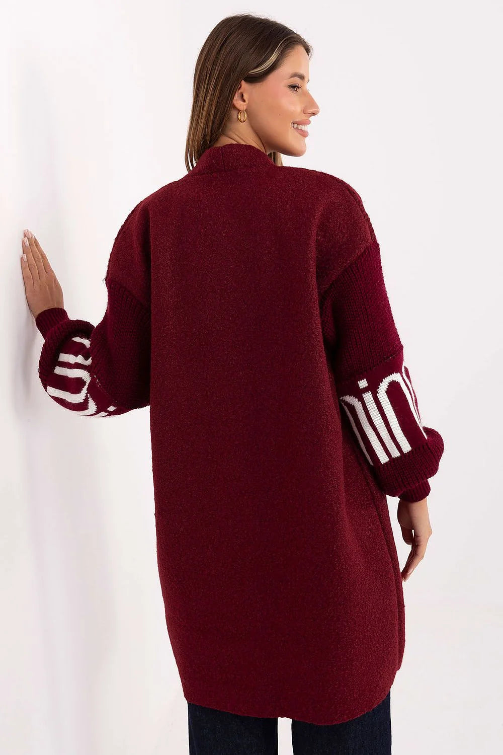 cardigan femme cape bordeaux bouclette maille oversize col châle manches bouffantes côtelées poches plaquées ouverture devant sans fermeture mi saison
